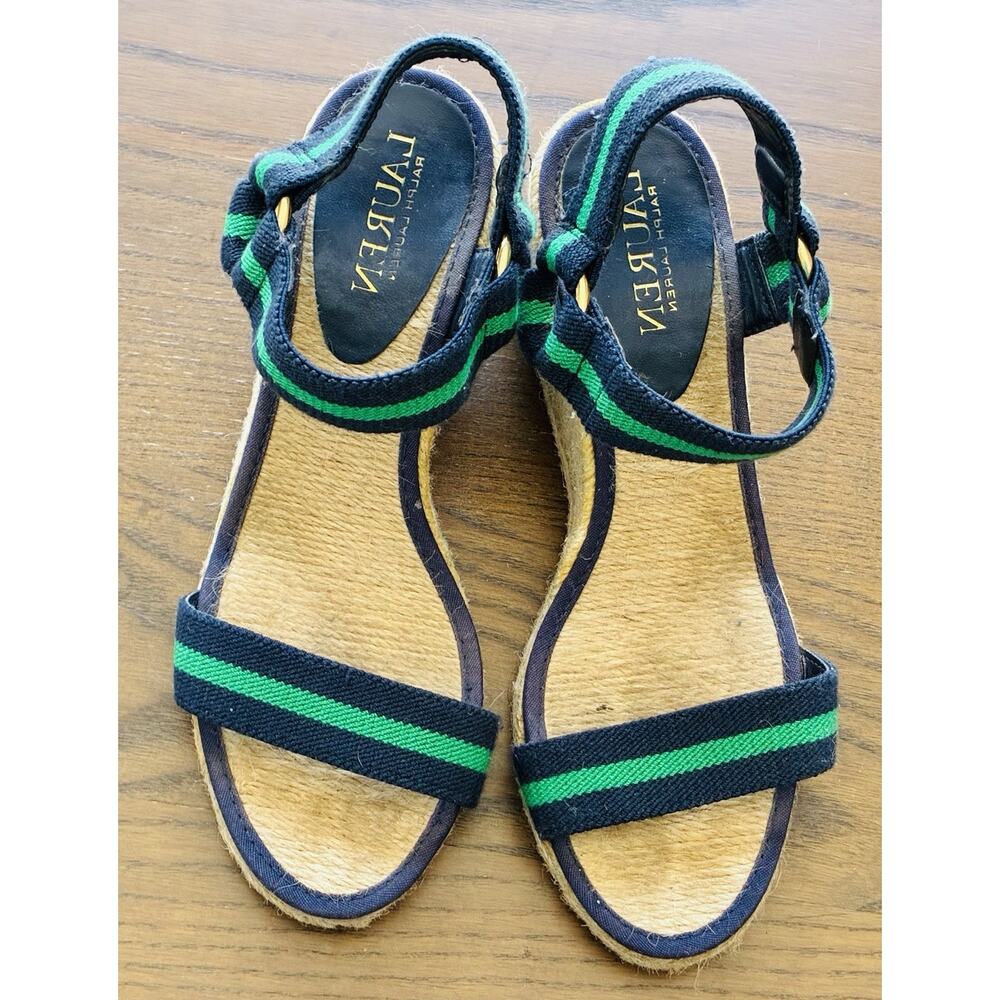 Lauren Ralph Lauren Navy and Green Striped Wedge Sandals